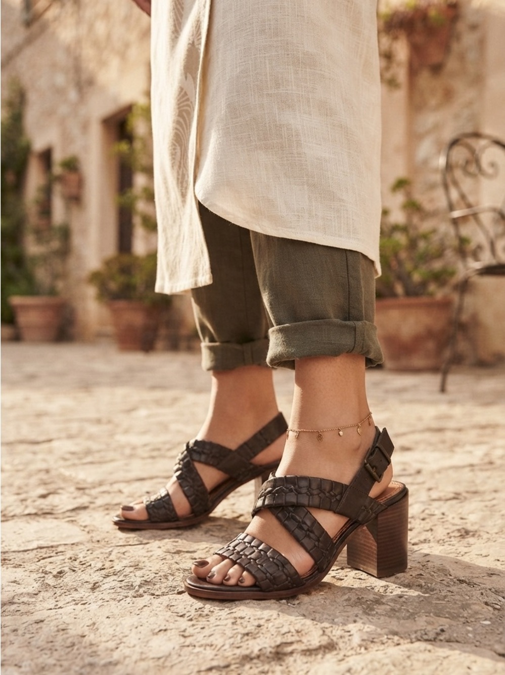 Lucky Brand Dabene Leather Woven Slingback Block Heel Sandals Brown Size 9M